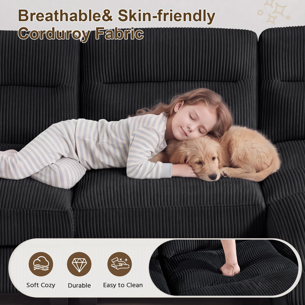 115" Modular Sectional Sofa Couch with Movable Ottoman, Oversized Corduroy U Shaped Sectional Couches with Rolled