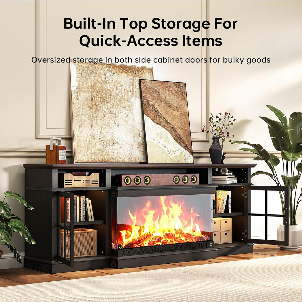 70" Fireplace TV Stand, 3 Sided Glass Modern Entertainment Center for TVs Up to 80", TV Console with Storage