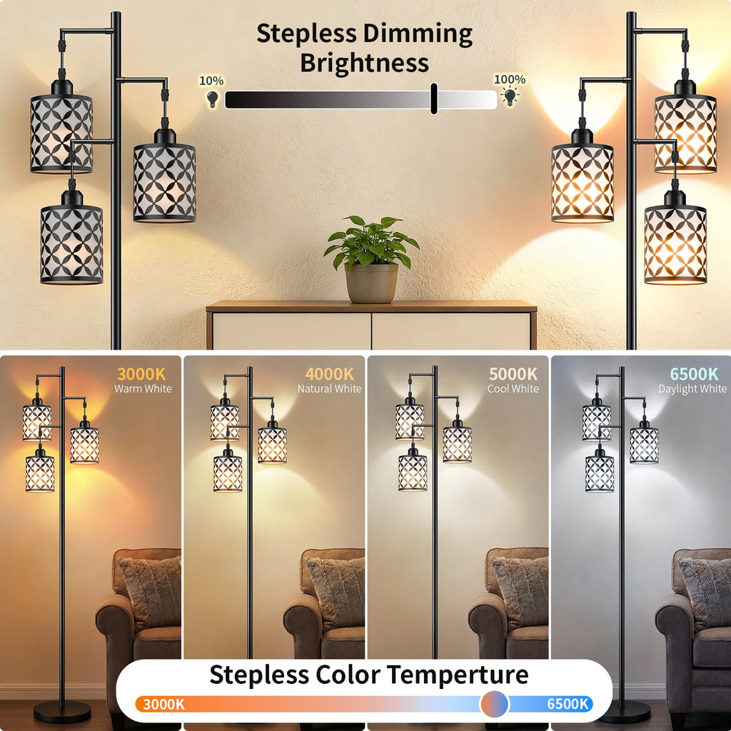 72" Dimmable Floor Lamp with Remote & Timer, Industrial Farmhouse Rustic Standing Lamp Bedroom, 3 Individually
