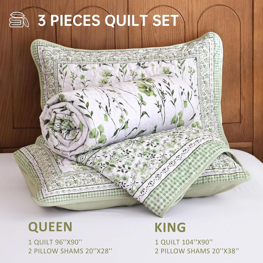 Floral Quilt Set King,Sage Green Bedspread Set with 2 Pillowcases, Microfiber Lightweight Flowers Botanical Coverlet