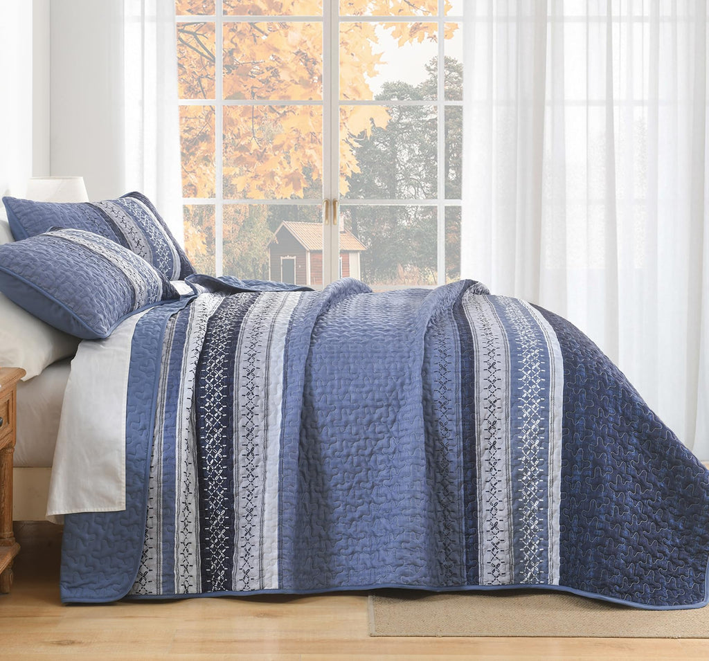 Quilt Bedding Set, Navy Blue Patchwork Striped Bedspread