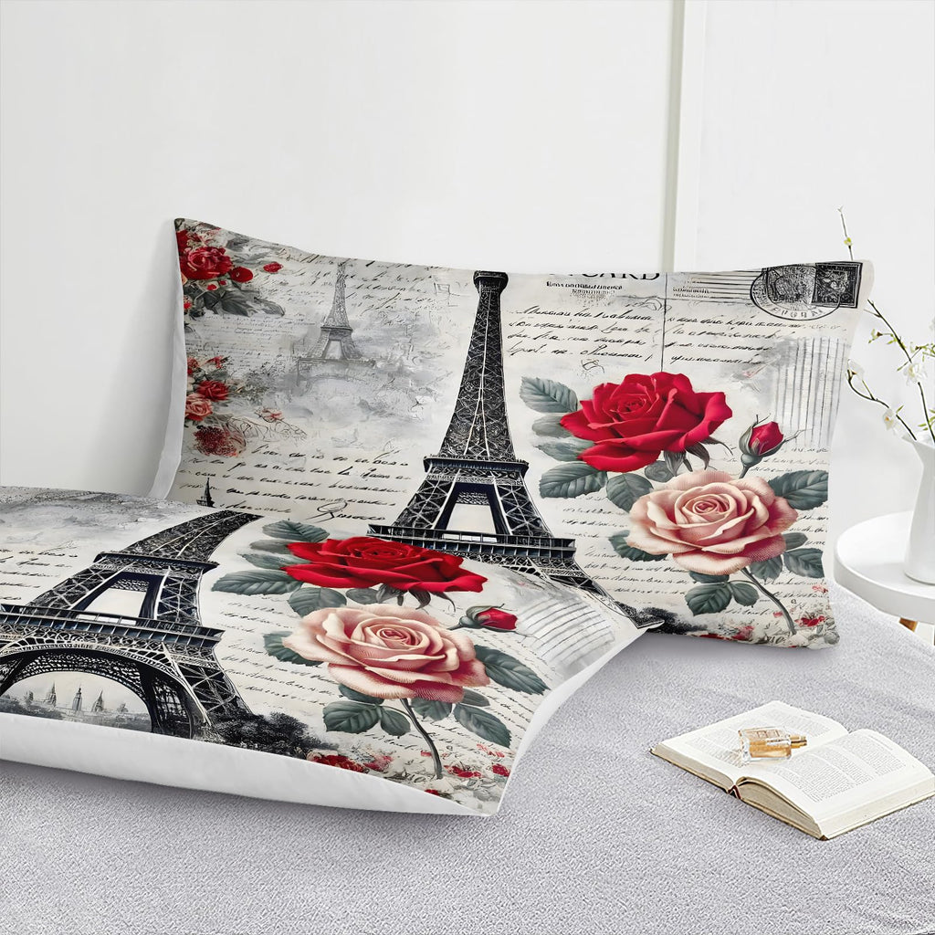 Vintage Paris Bedding Set Romantic Eiffel Tower Comforter Set King Size 8-Piece Parisian Style Comforter Set Elegant