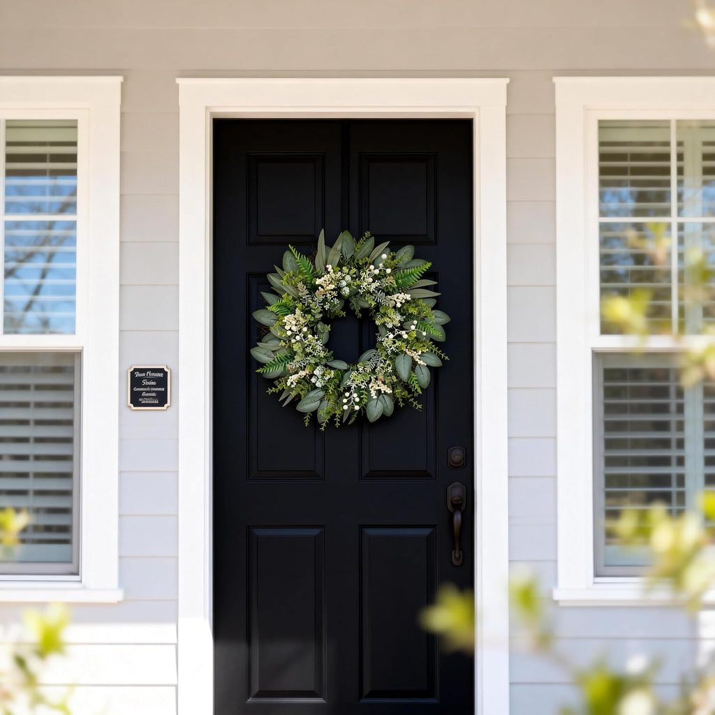 24 Inch Greenery Wreaths for Front Door - Artificial Eucalyptus Wreath with White Berries and Mixed Green Leaves