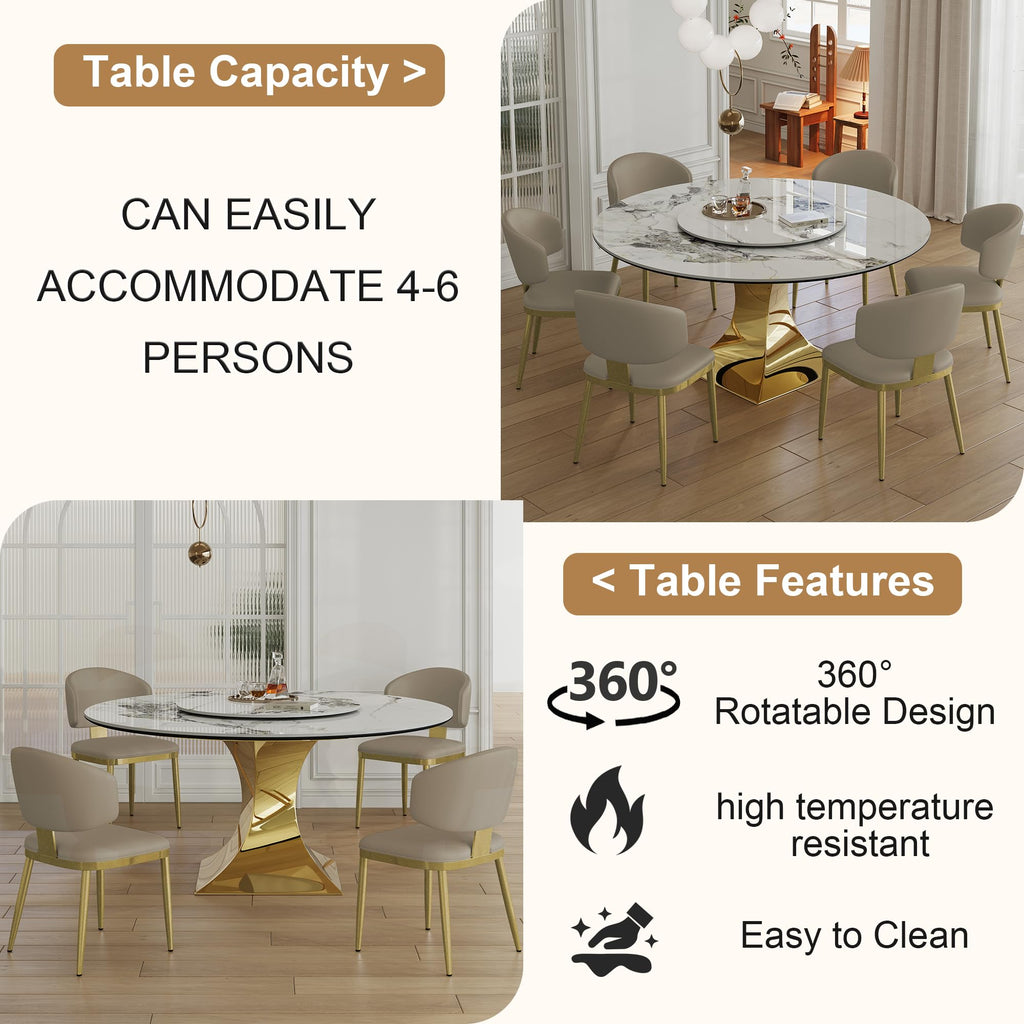 59" Round Sintered Stone Dining Table, Faux Marble Kitchen Table with Lazy Susan & Gold Stainless Steel Hourglass