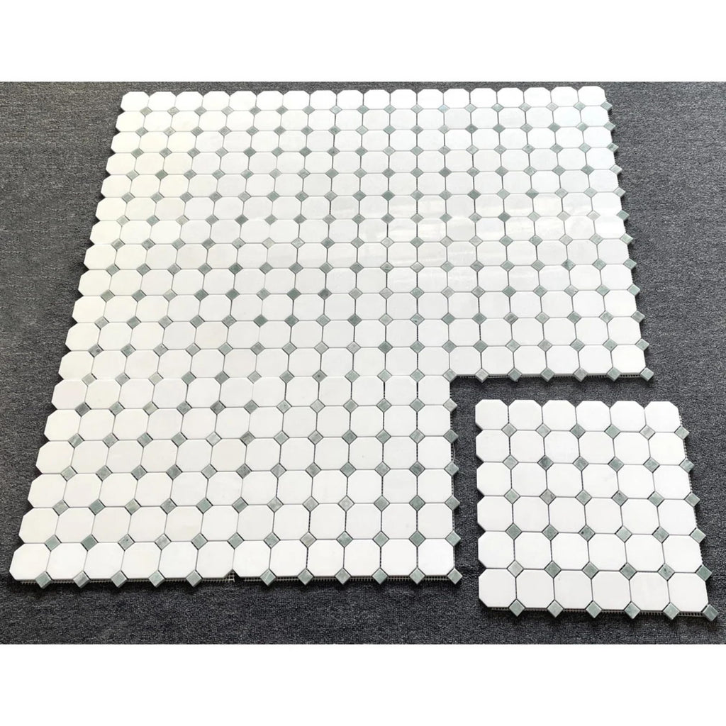 White Marble Octagon Mosaic Tile with Green Dot - 12x12 Polished Natural Stone Mosaic for Wall & Floor, Bathroom
