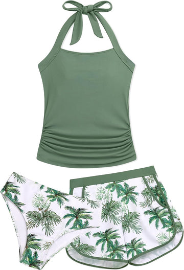 Girls Swimsuit 3 Piece Modest Halter Tankini with Shorts