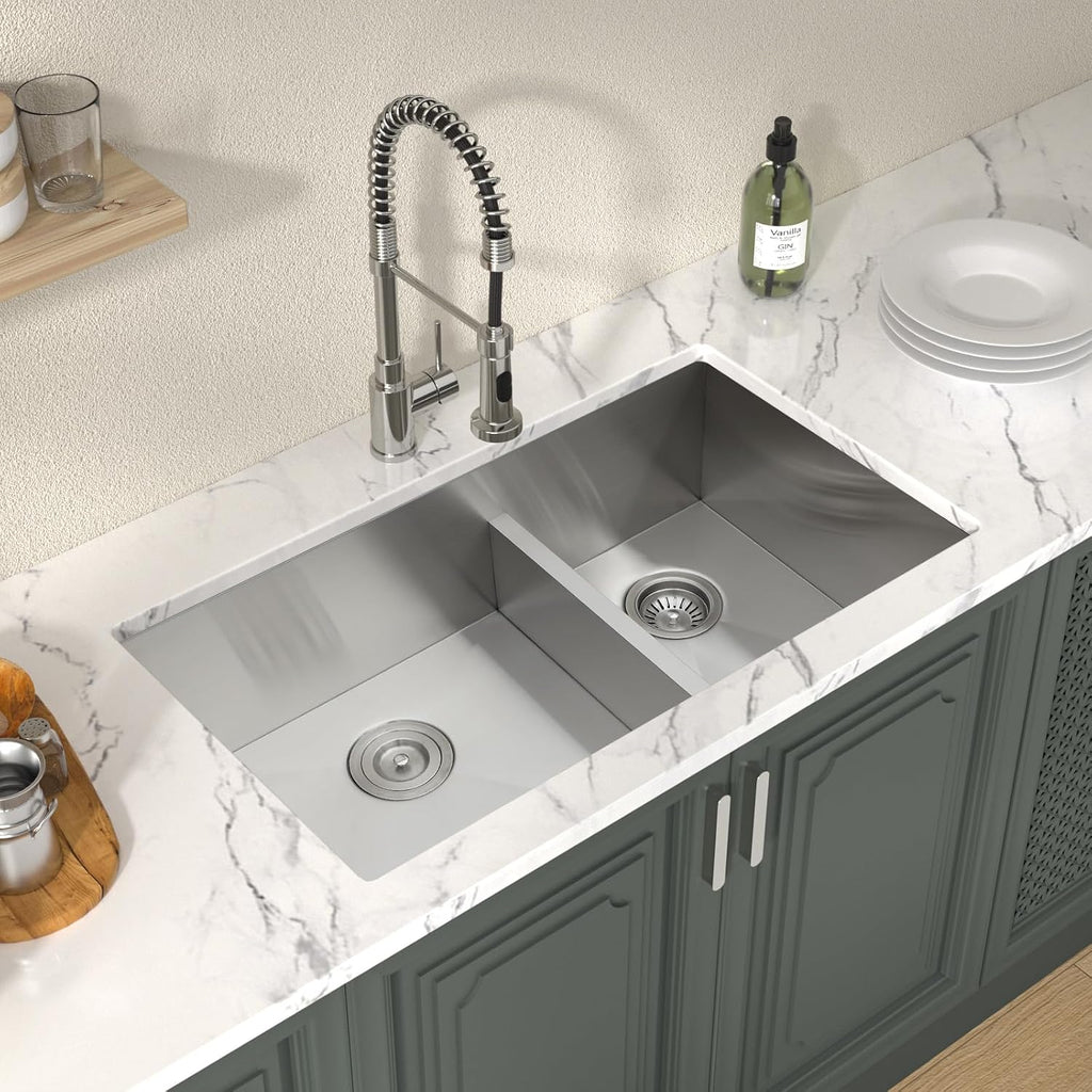 32 Inch Undermount Double Bowl Kitchen Sink 16 Gauge Stainless Steel with Smart Low Divider 32x19 Inch Double Bas