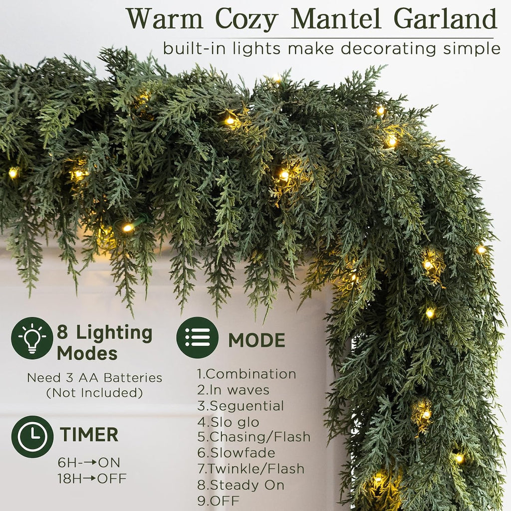 9FT Pre-lit Christmas Garland with Lights Cedar Garland Christmas Decor