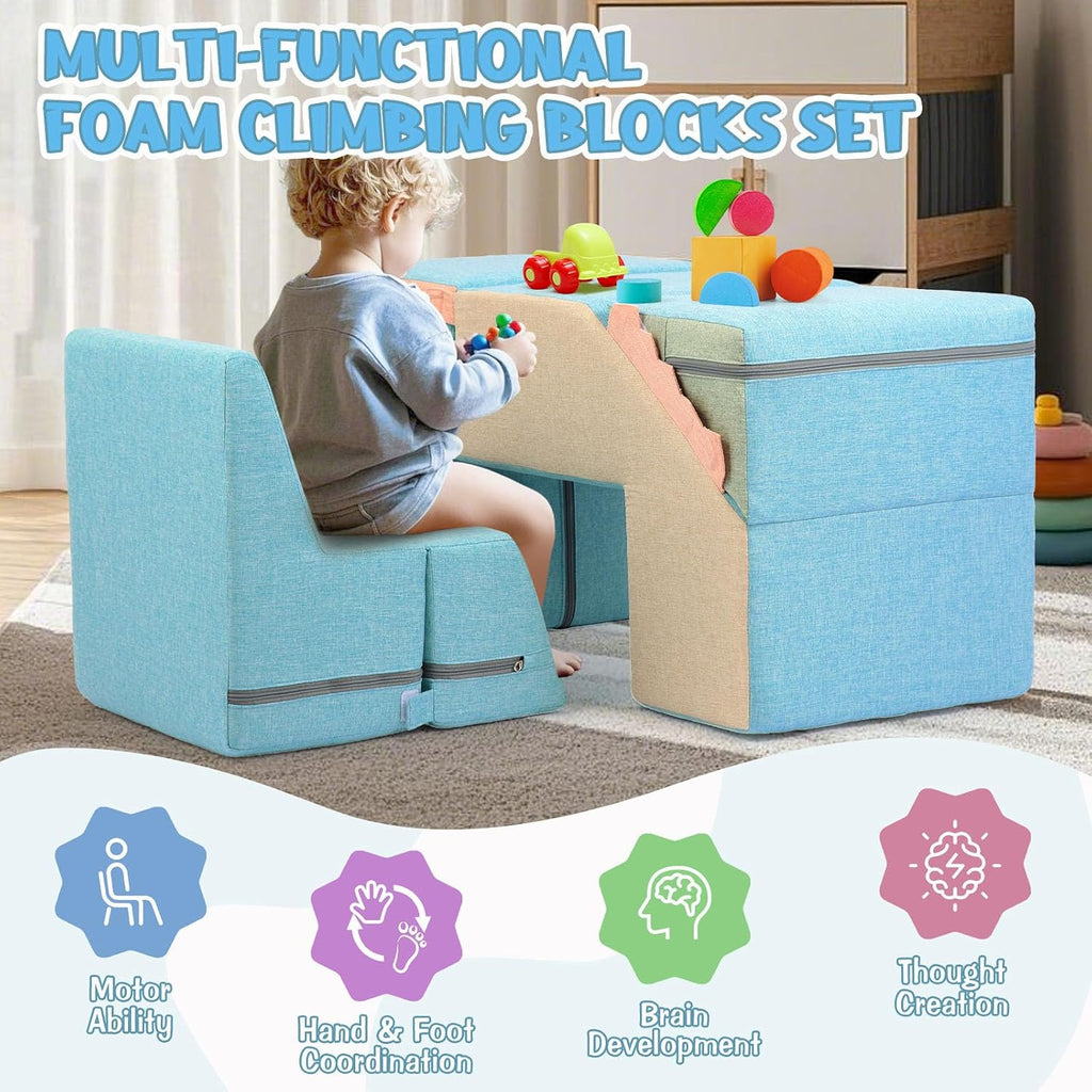 4 in 1 Foam Climbing Blocks for Toddlers (Faux-Linen Blue-Khaki)
