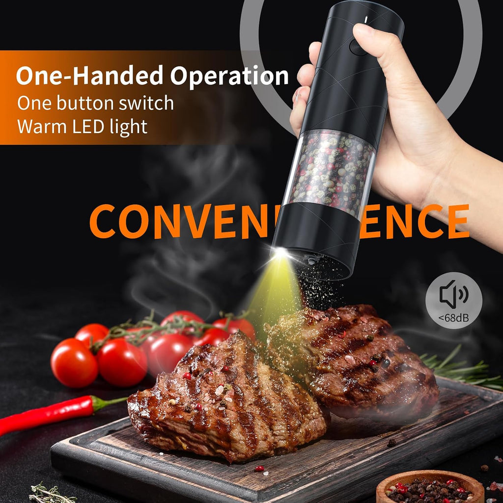 Electric Salt and Pepper Grinder Set USB Rechargeable with Warm LED Light, Adjustable Coarseness Large Capacity - Set of 2