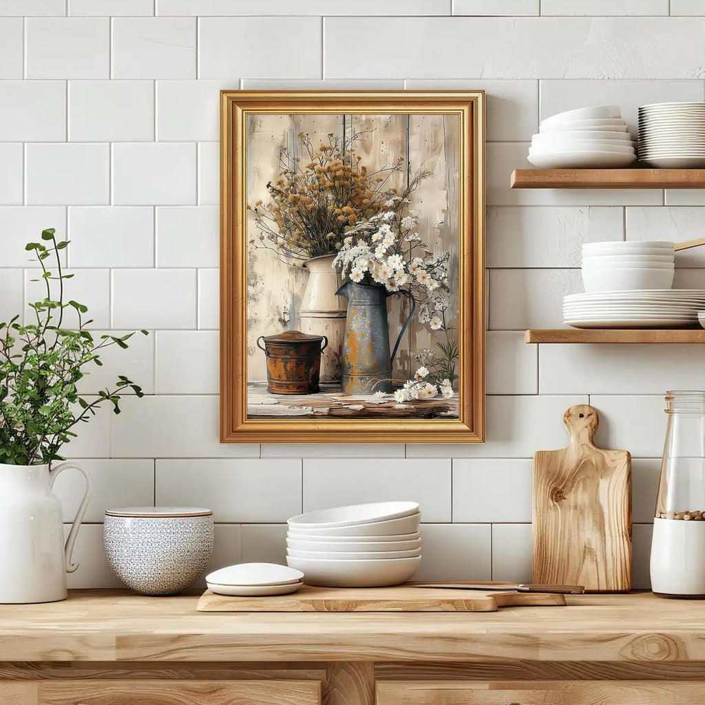 Rustic Farmhouse Floral Still Life Framed Canvas Wall Art 12x16 in