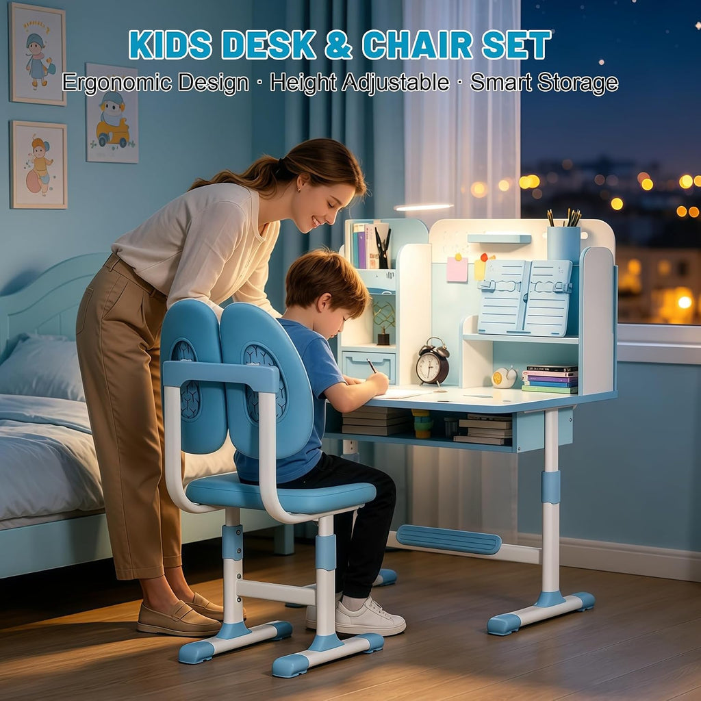 Kids Study Desk and Chair Set, Height Adjustable Kids Table with Drawer