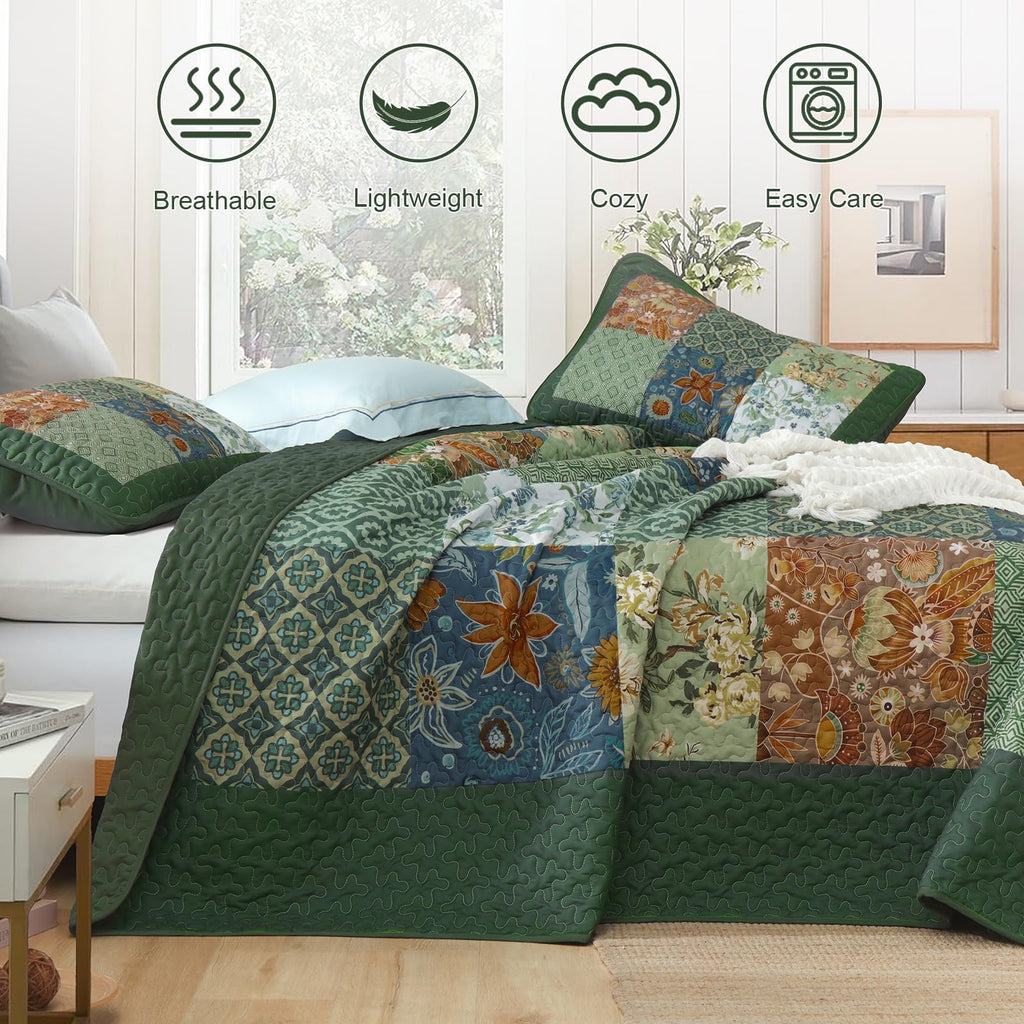 Patchwork Quilt Set Green Boho Rustic Floral Bedspread Coverlet
