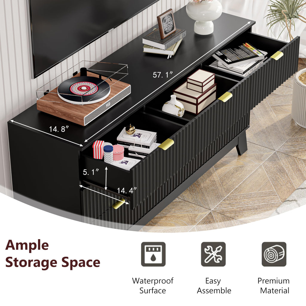 Black Dresser 9 Drawer Dresser, 57''Wide Fluted Wooden Dresser Storage Cabinet and Chest of Drawers with Metal