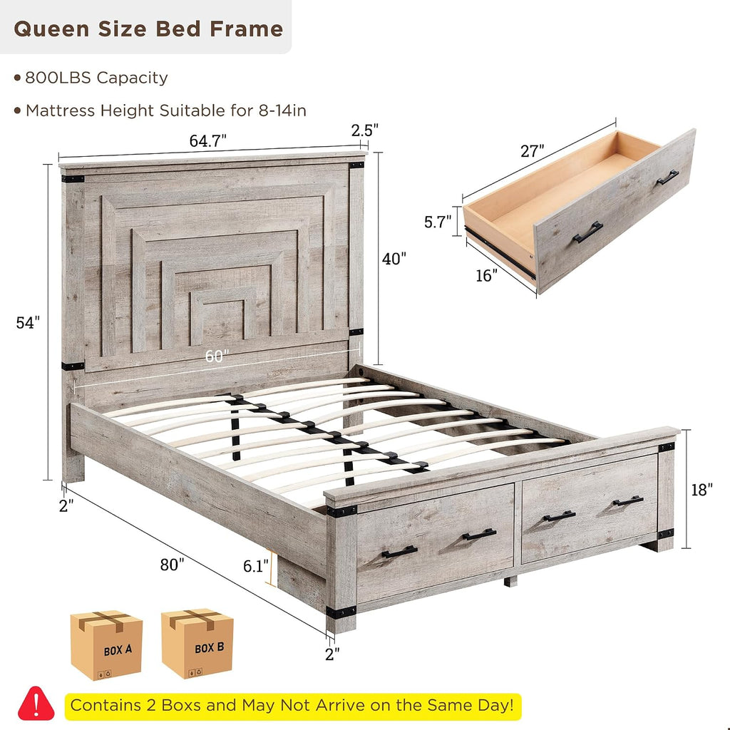 54" Tall Farmhouse Queen Wood Bed Frame with Headboard, Light Rustic Oak