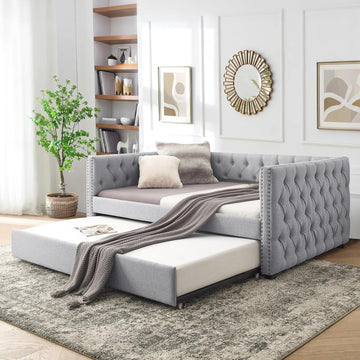 Daybed with Trundle, Modern Upholstered Full Size Day Bed Button-Tufted Sofa Daybed Frame with A Roll-Out Trundle, No