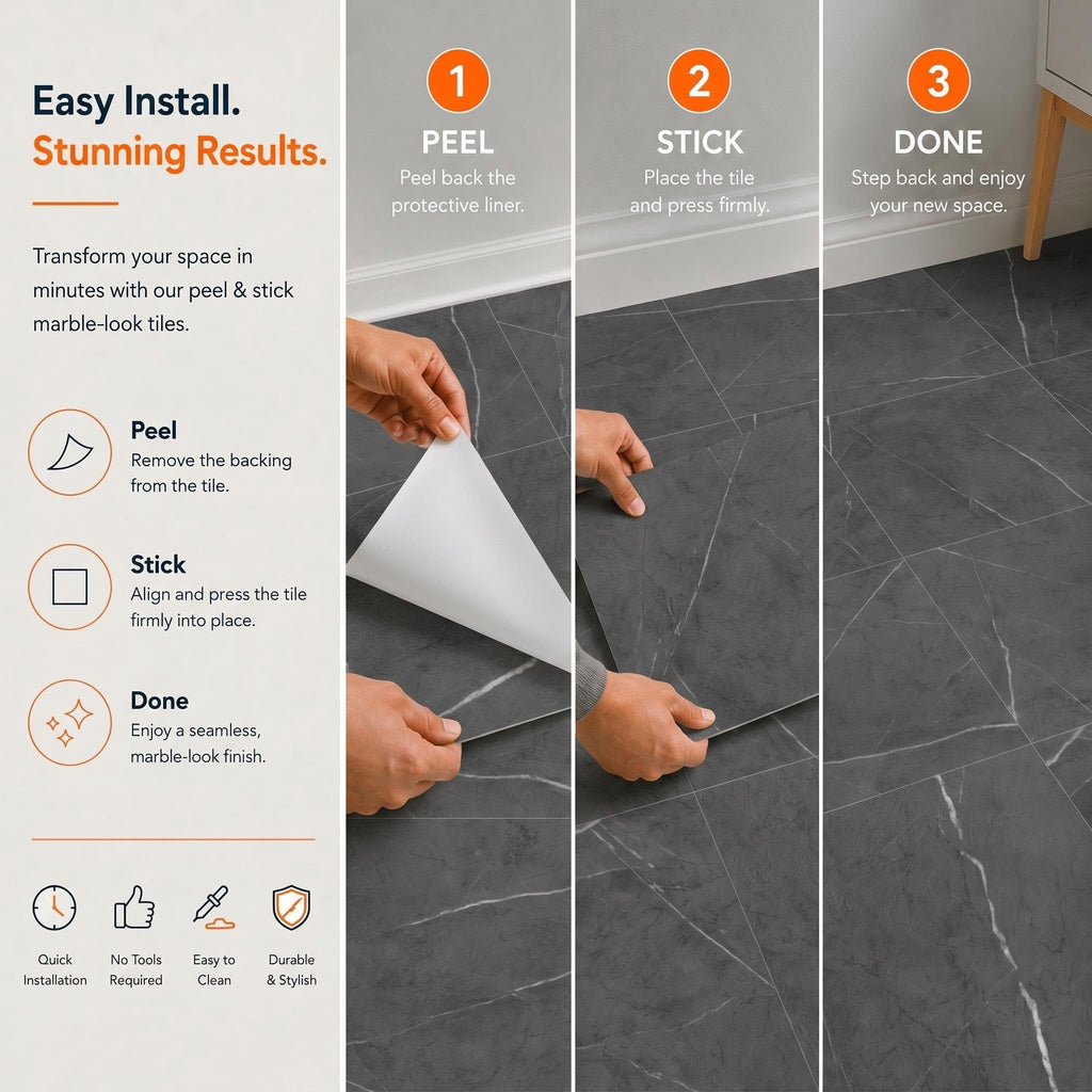 Peel and Stick Vinyl Floor Tiles 12"x12" x1.2mm - 30 Pcs Covers 30 Sqft Self-Adhesive Marble Look Flooring