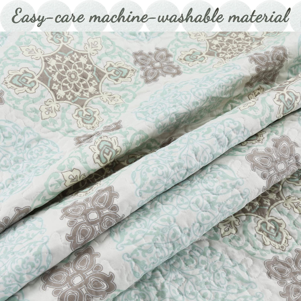 Mint Grey Modern Medallion Damask Reversible Quilt Bedding Set, Lightweight Bedspread Coverlet for All Seasons (Aqua