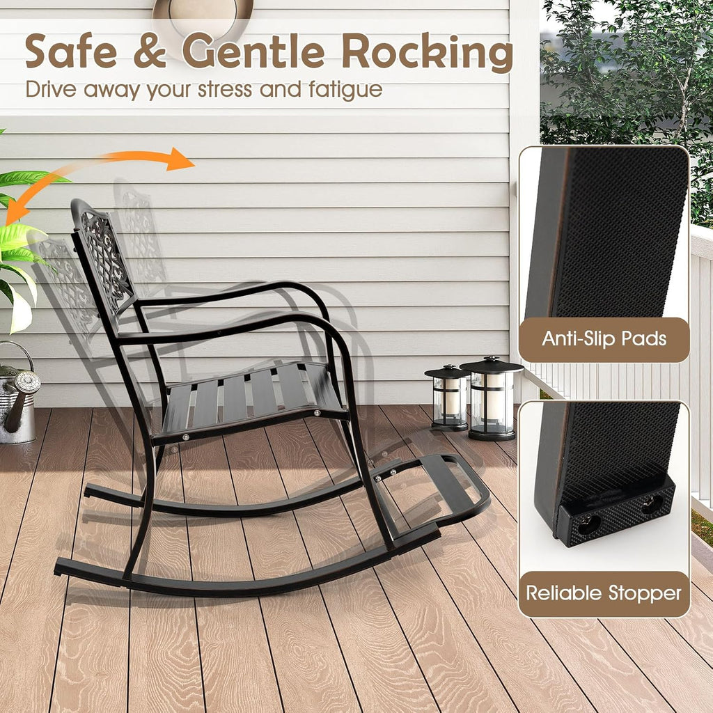 Patio Rocking Chair, Outdoor Cast Aluminum Rocker w/Footrest, Backrest & Curved Armrests, Heavy-Duty Metal Classic