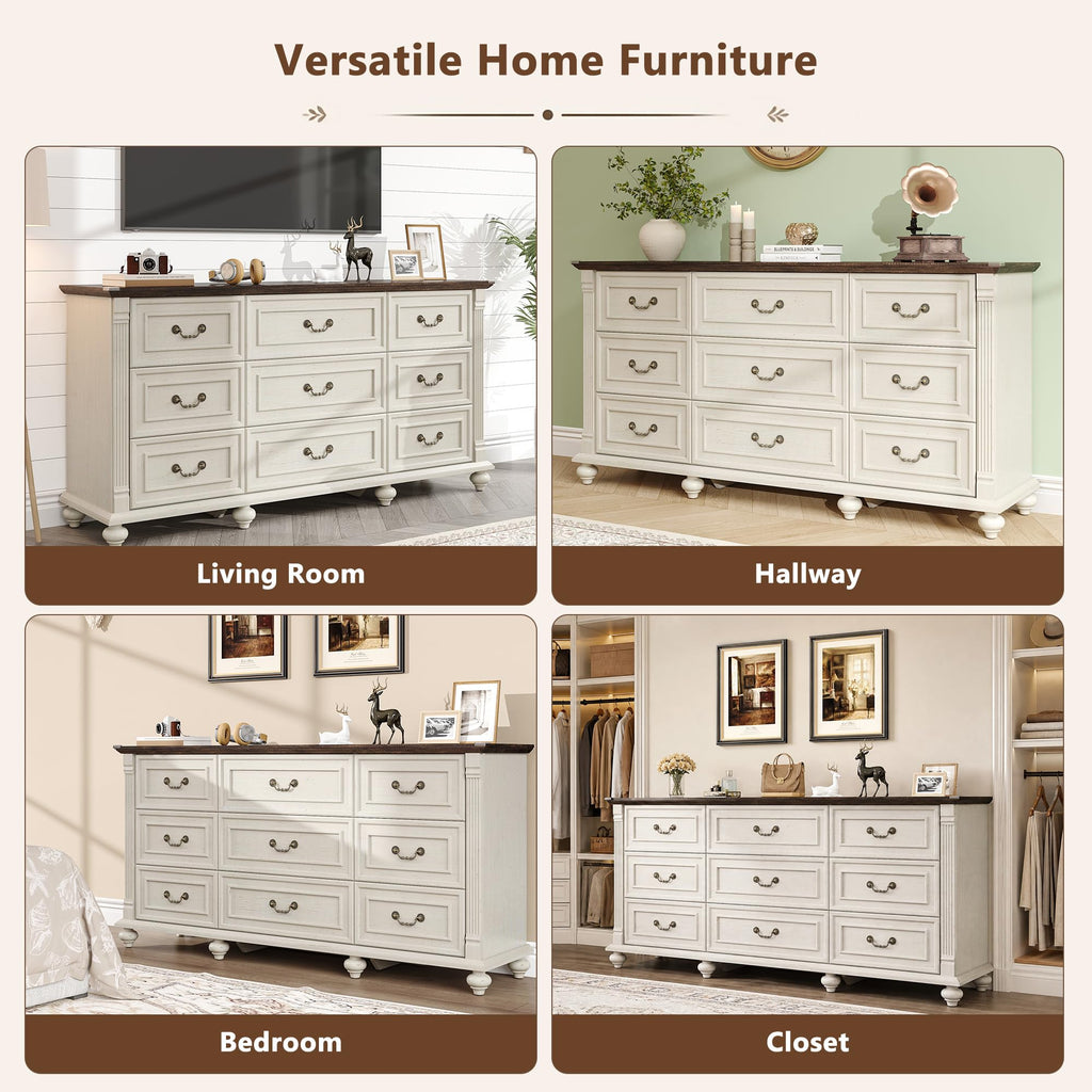 Farmhouse 9 Drawer Dresser with 6 Gourd Feet and Roman Column Decor, 63in Wide Wood Country Rustic Chest of Drawers