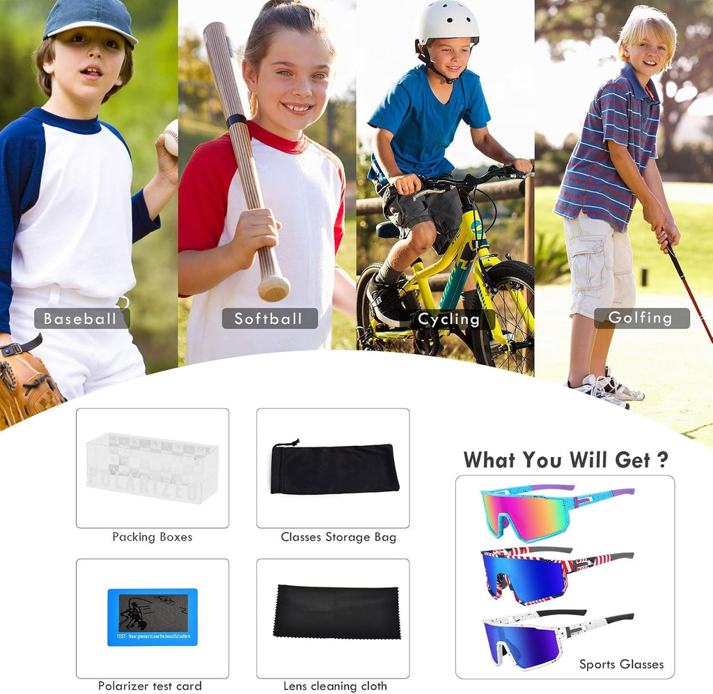 Youth Baseball Sunglasses, Kids Polarized Sports Sunglasses,UV400 Protection Glasses for Boys Girls Softball Cycling