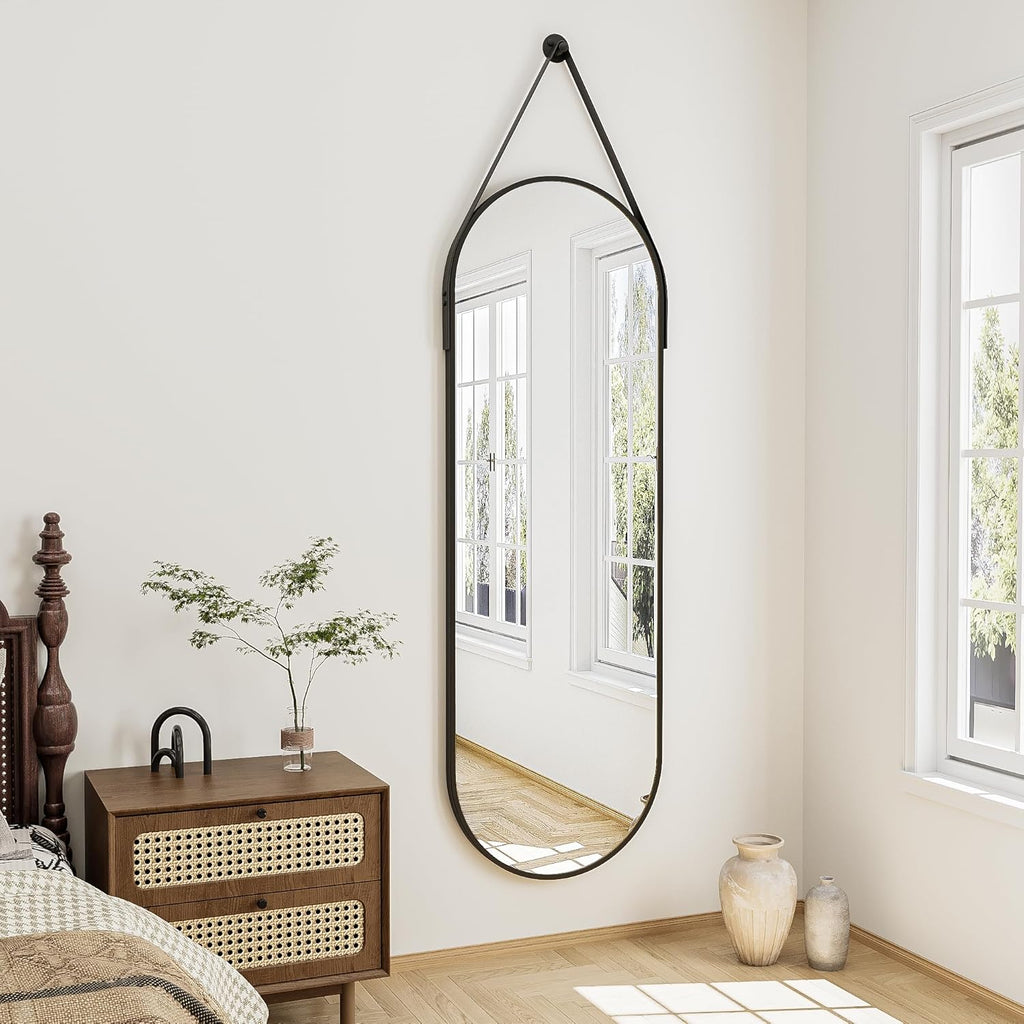 Full Length Mirror, Oval Wall Mounted Mirror, 48"x16" Door Mirrors Full Length with Hanging Leather Strap with