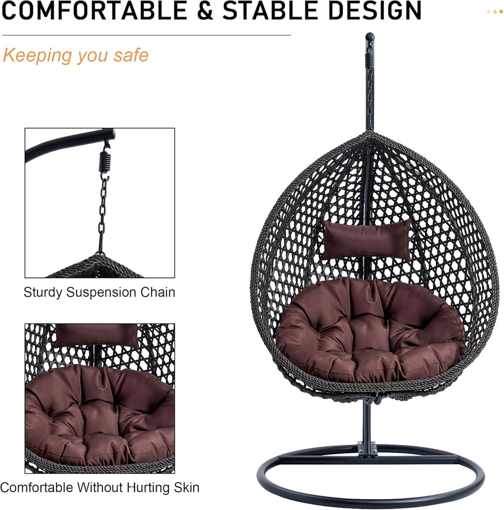 Egg Swing Chair Outdoor with Stand, Indoor Hanging Egg Chair | Rattan Basket Chair with Cushion and Pillow, Foldable