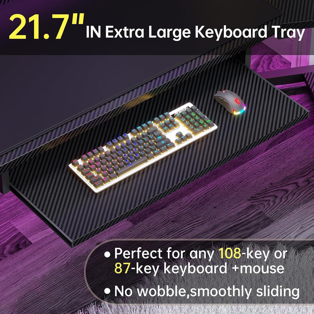79" Gaming Desk with Fabric Drawers Storage, LED Light & Power Strip | Carbon Fiber Black Long Computer Desk with