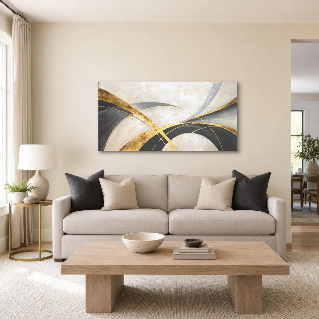 Black and Gold Geometric Abstract Canvas Wall Art, 48 x 24 Inches
