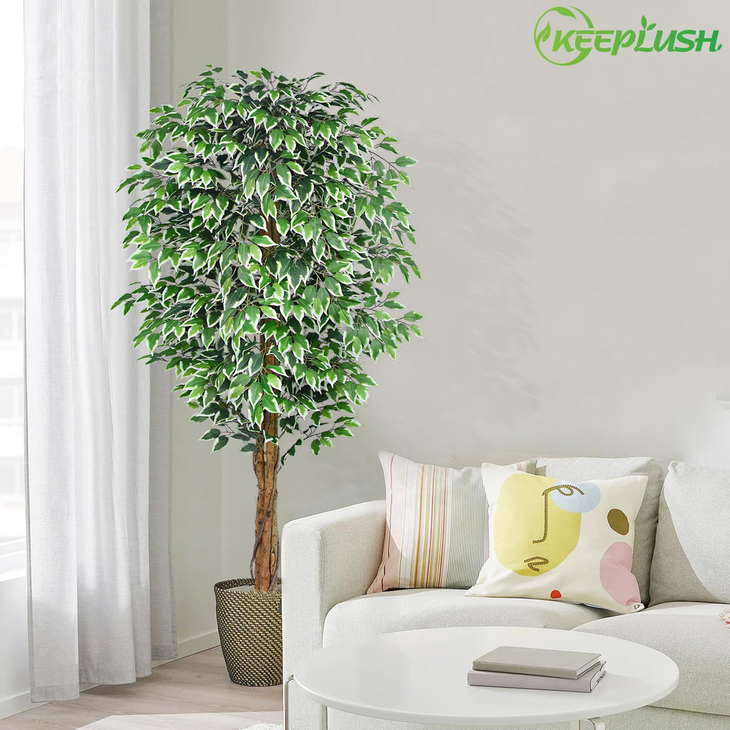 7ft Large Ficus Artificial Trees with Natural Curved Trunks, 84" Tall Lush Faux Tree Decor Indoor, Green Lifelike