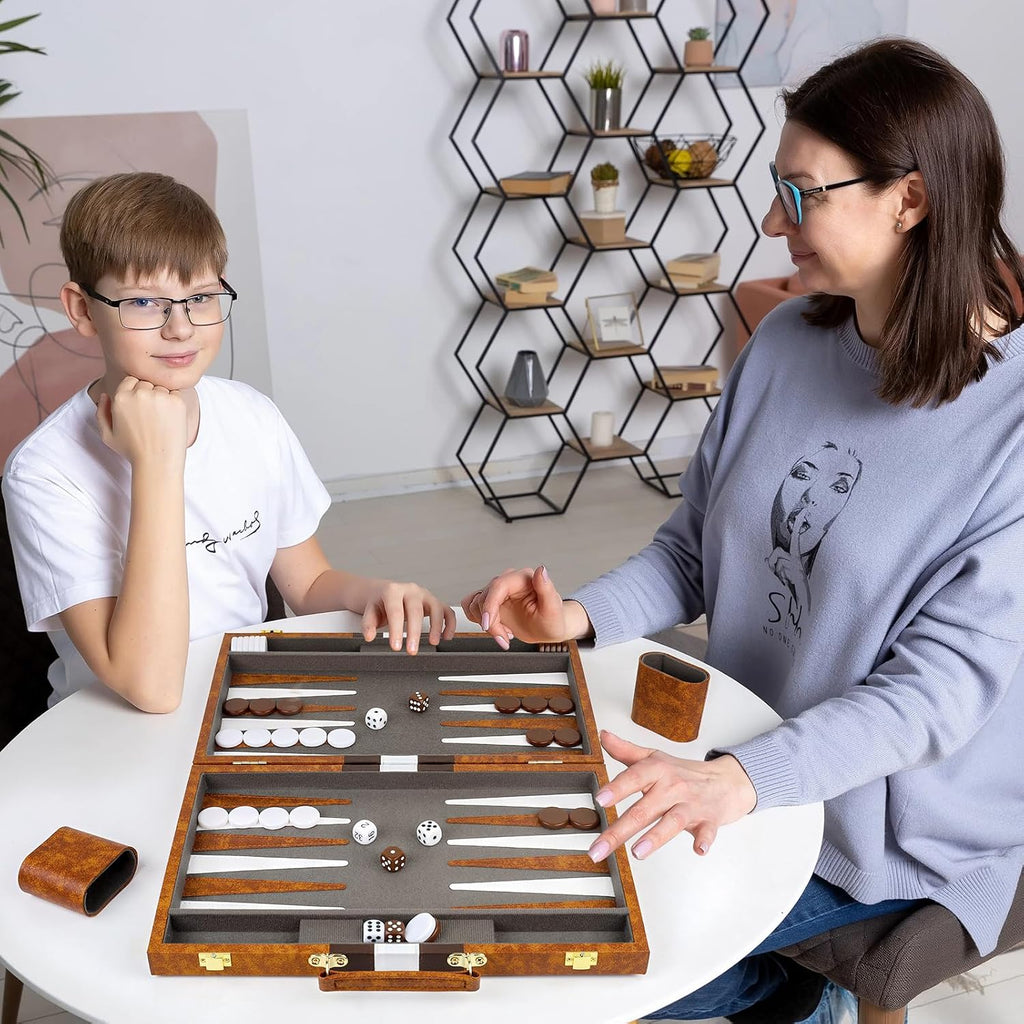 Backgammon Set, 11 Inch Portable Board Game with PU Leather Case for Adults, Brown Backgammon Travel Set
