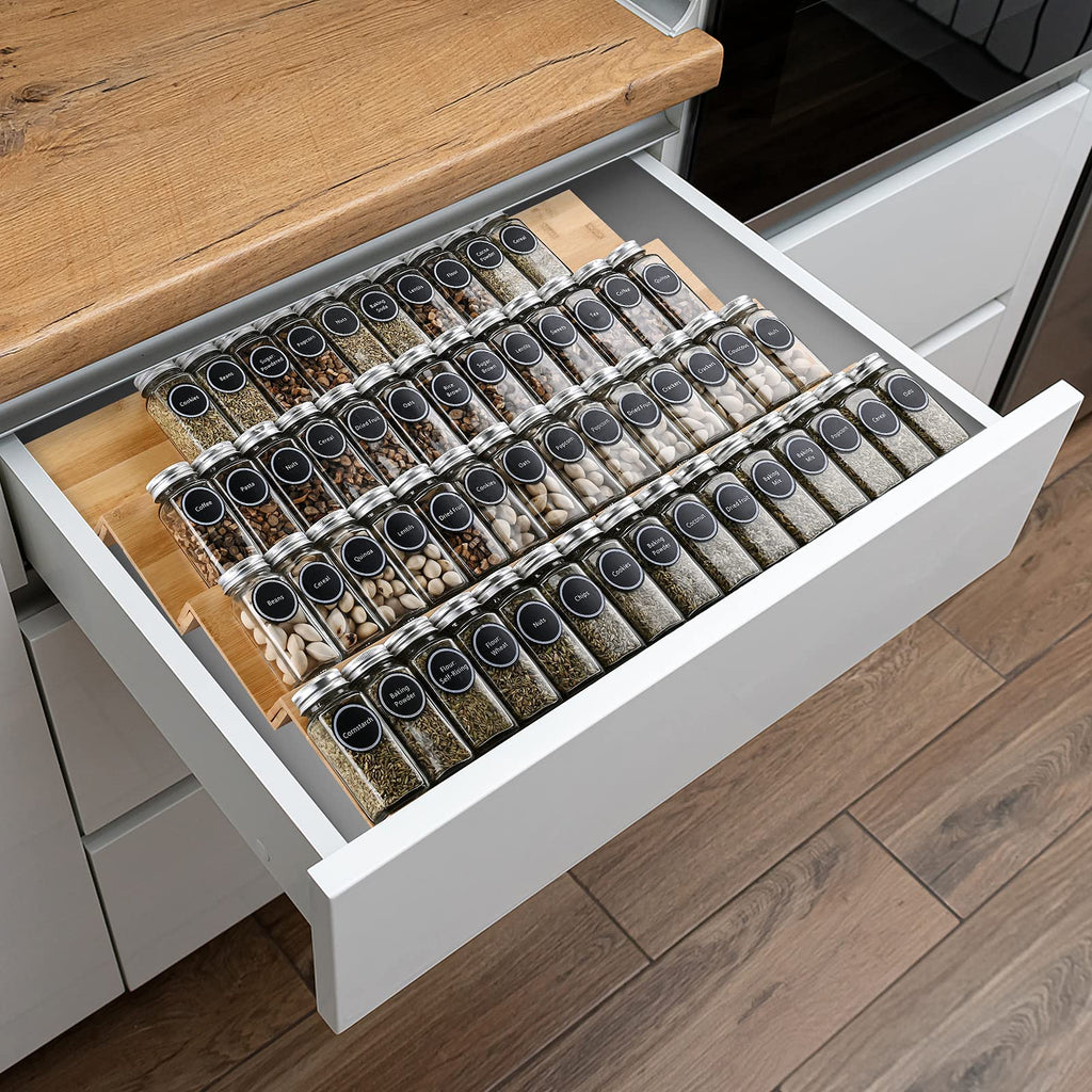 Bamboo Spice Rack Tray - Spice Drawer Organizer Cabinets Storage and Organization (Jars Not Included, 8 Individual