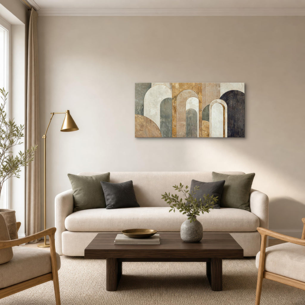 Neutral Abstract Canvas Wall Art, 40 x 20 Inch Geometric Arch Print in Beige, Sage and Muted Gold Tones, Horizontal