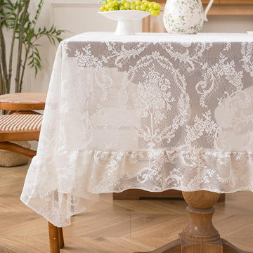 White French Lace Ruffle Tablecloth 60 x 102 Inch with Ruffled Edge, Fits Round and Rectangular Tabl
