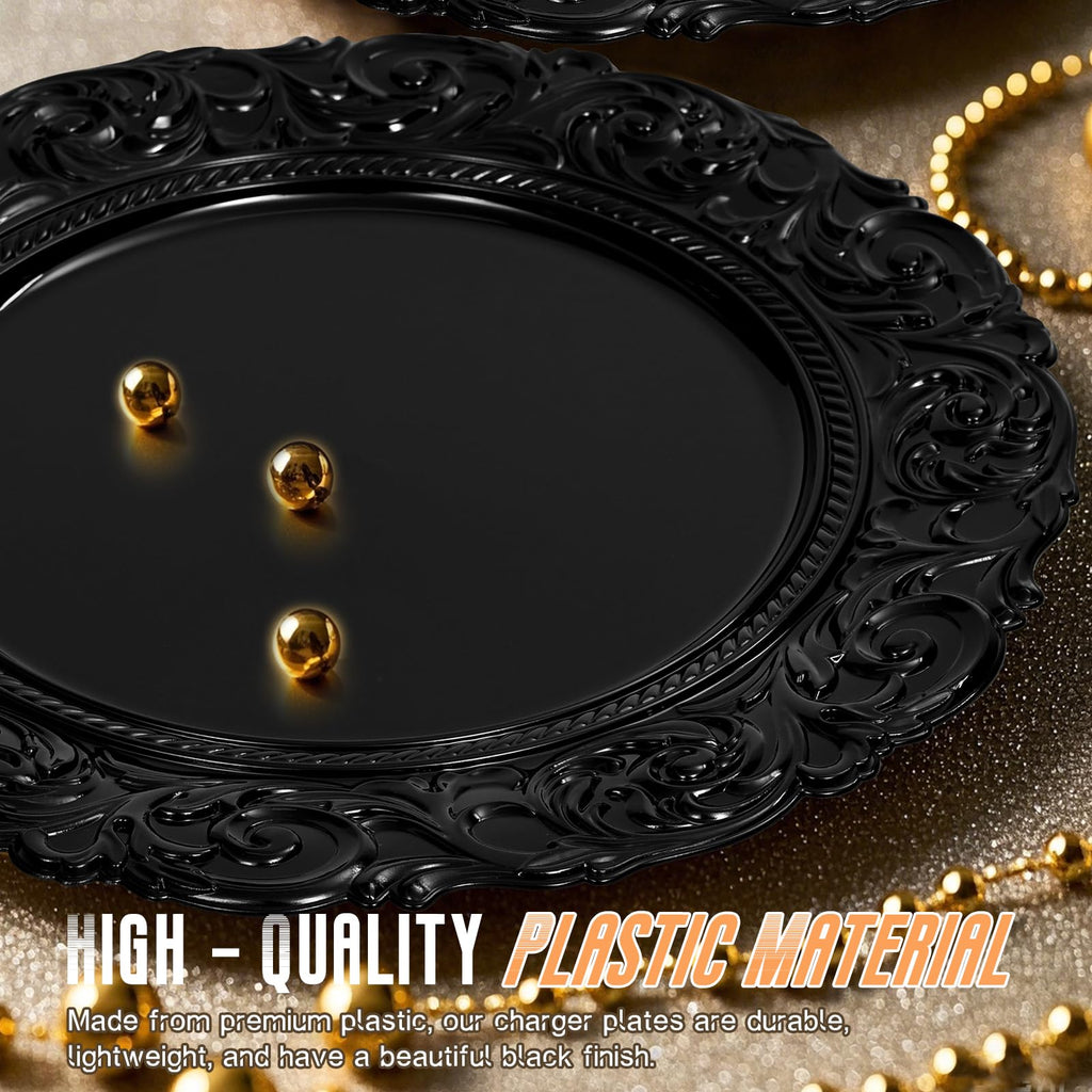 Black Charger Plates Bulk 10Pcs - 13" Black Chargers for Dinner Plates, Floral Embossed Decorative Charger Plate for