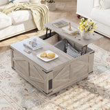 Farmhouse Lift Top Coffee Table, Square Wood Center Table with LED Lighting, USB-C Charging Station