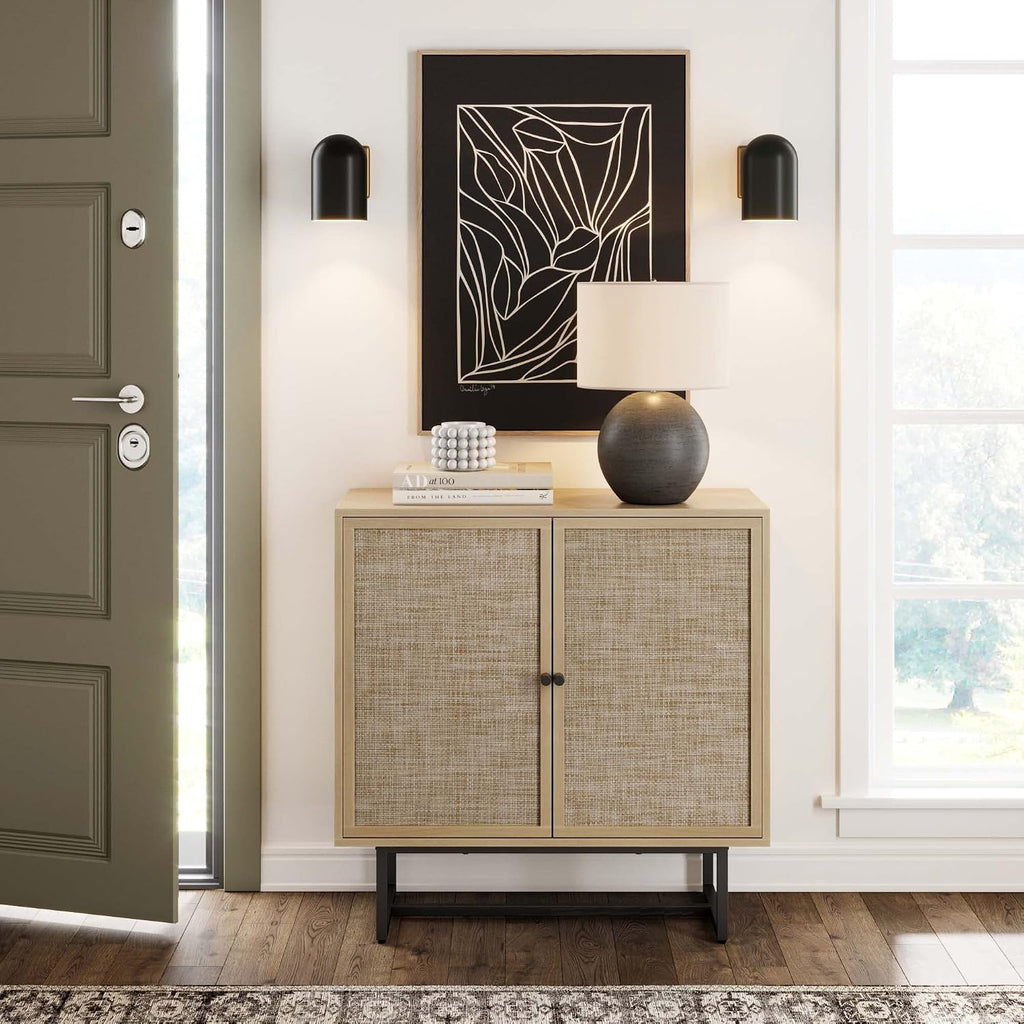 Kova Accent Sideboard Storage Cabinet in Light Wood and Rattan with Metal Frame, Adjustable Shelves and Cane Doors