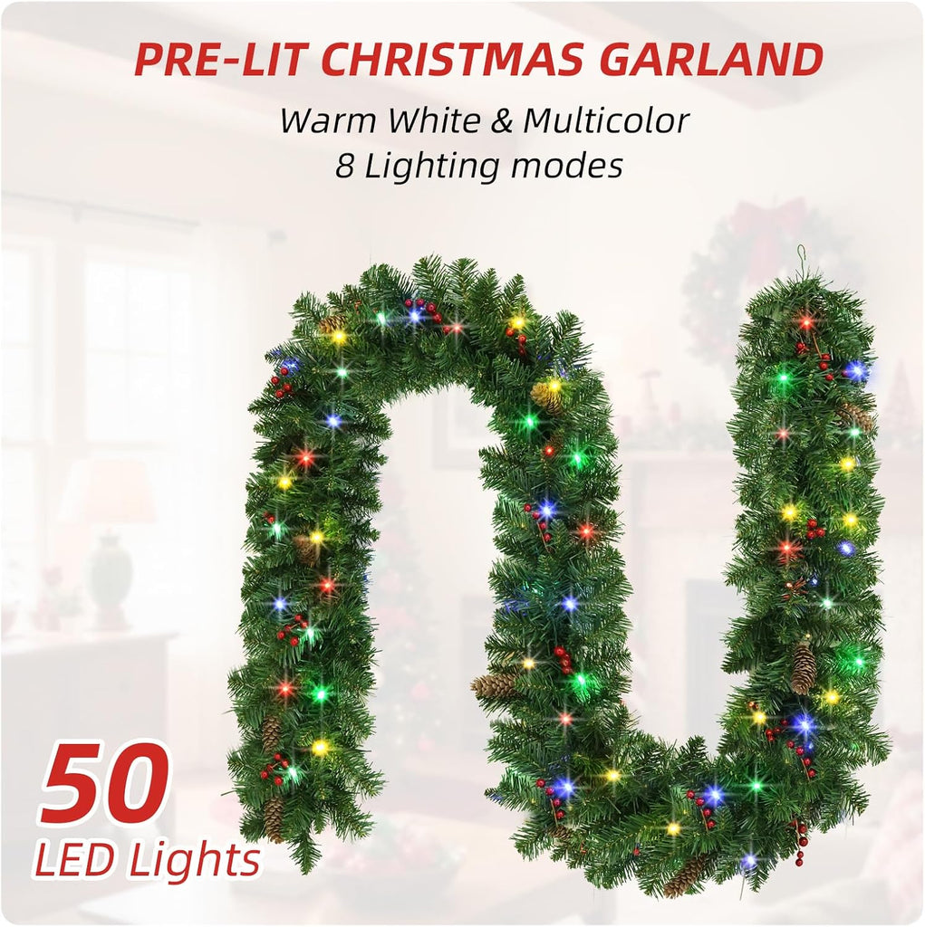 9ft Pre-lit Christmas Garland, with 8 Lighting Modes & Decorations