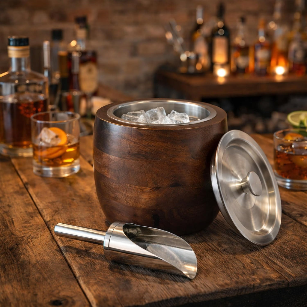 Iceberg 2.3 Quart Ice Bucket with Lid & Scoop - Mango Wood Ice Bucket with Stainless Steel Liner, Airtight Sealed