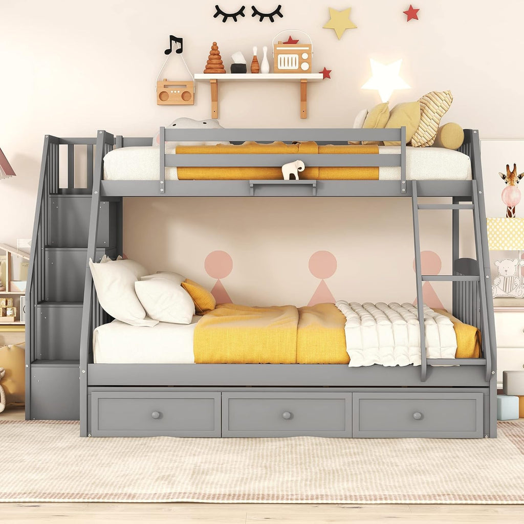 Wooden Twin Over Full Stairway Bunk Bed with Three Storage Drawer, Storage Staircase