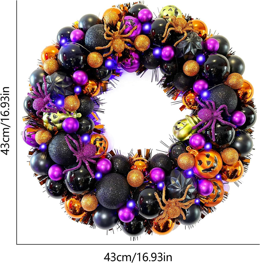 17 Inch Halloween Ball Wreath for Front Door with Lights | Lighted Cute Treat-or-Trick Door Wreath Ball Ornament for