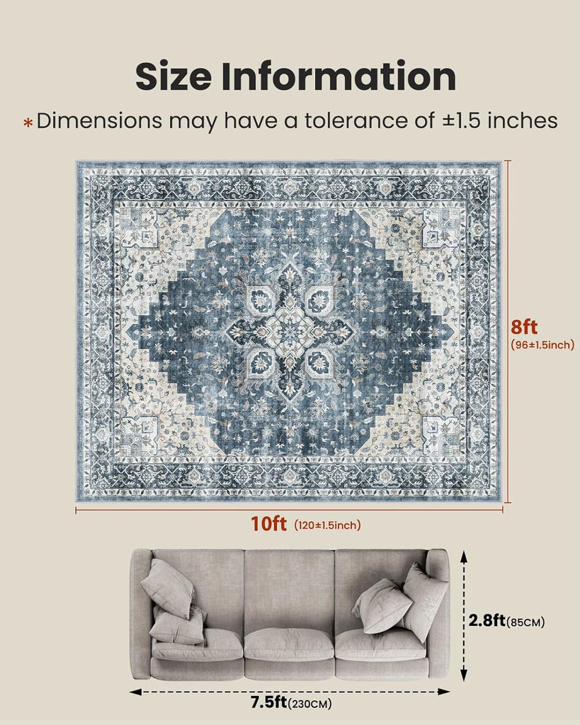 8x10 Washable Area Rug, Low-Profile with Non-Slip Backing & Durable Edge Binding, Vintage Large Rugs for Living Room