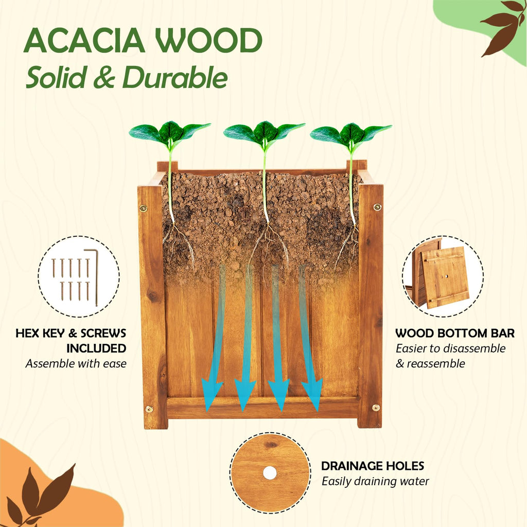 Set of 2 Hardwood Outdoor Flower Box, Durable Acacia Wood Flower Boxes for Outdoor Plants with Ergonomic Handles