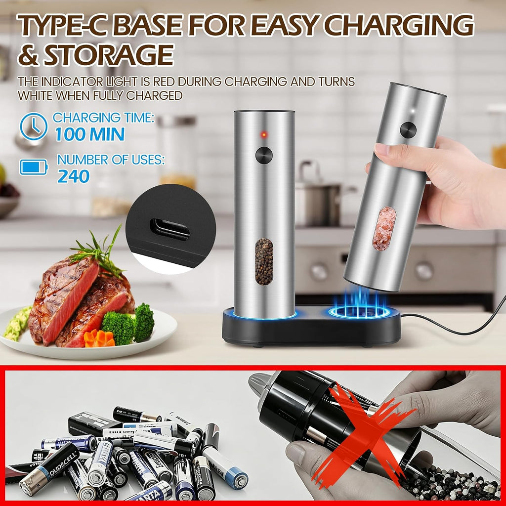 Electric Salt and Pepper Grinder Set, 110 ml Rechargeable Automatic Salt and Pepper Shakers with Adjustable - Set of 6