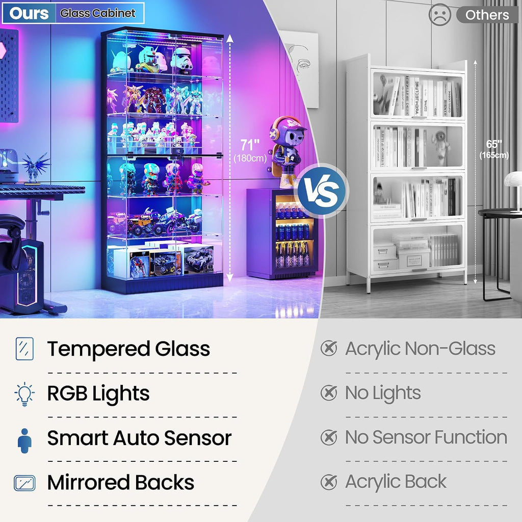 6-Tier Tall Glass Display Cabinet with RGB Lights for Collectibles | 71" Lockable Curio Cabinet,Glass Door,Display