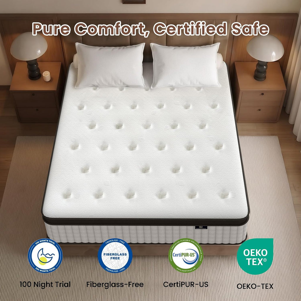 Full Size Mattress, 12 Inch Hybrid Mattress in a Box, Medium Firm Memory Foam & Individual Pocket Springs, Soft and