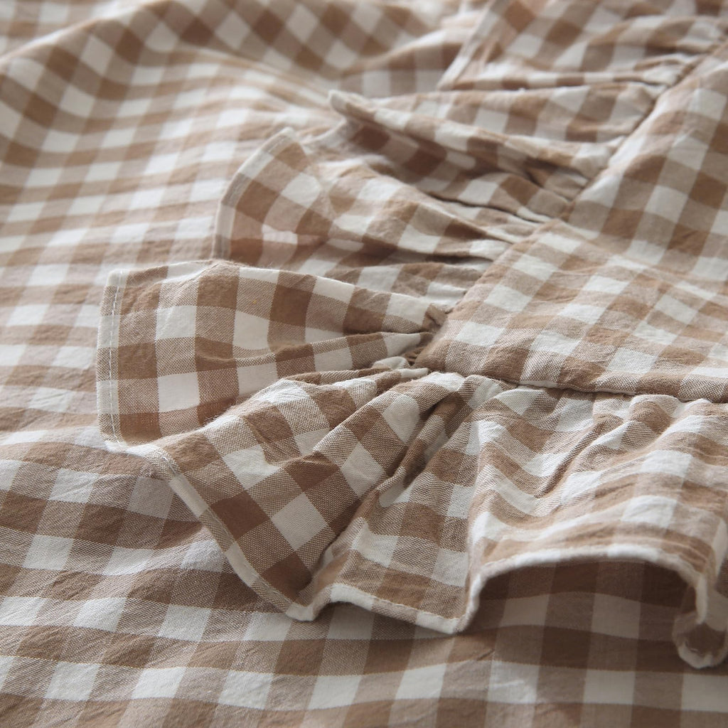 Taupe Plaid Gingham Ruffle Decorative Throw Pillow Covers 18"x18"