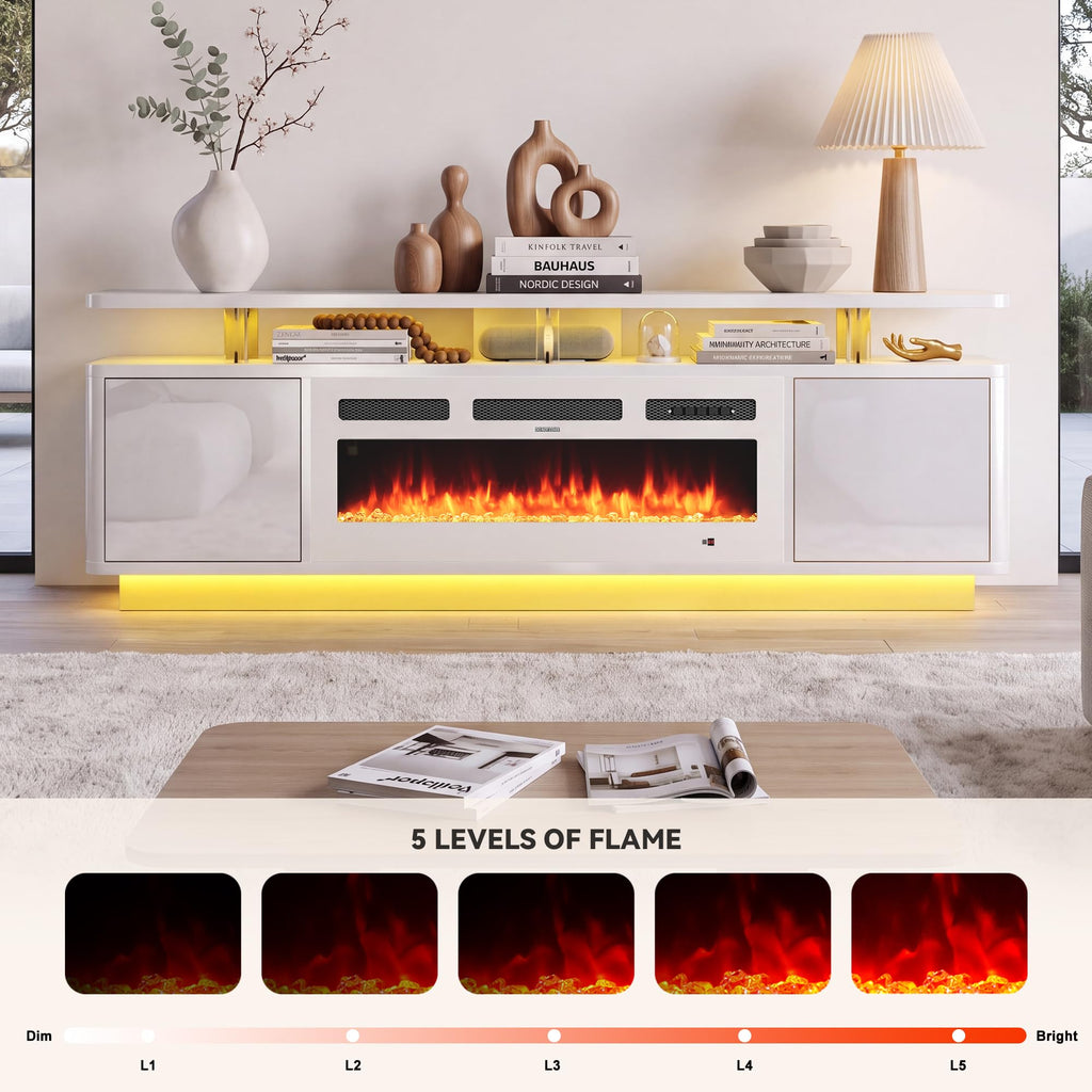70" Fireplace TV Stand with Double LED Lights for TVs UP to 80", Electric Fireplace Entertainment Center with Storage