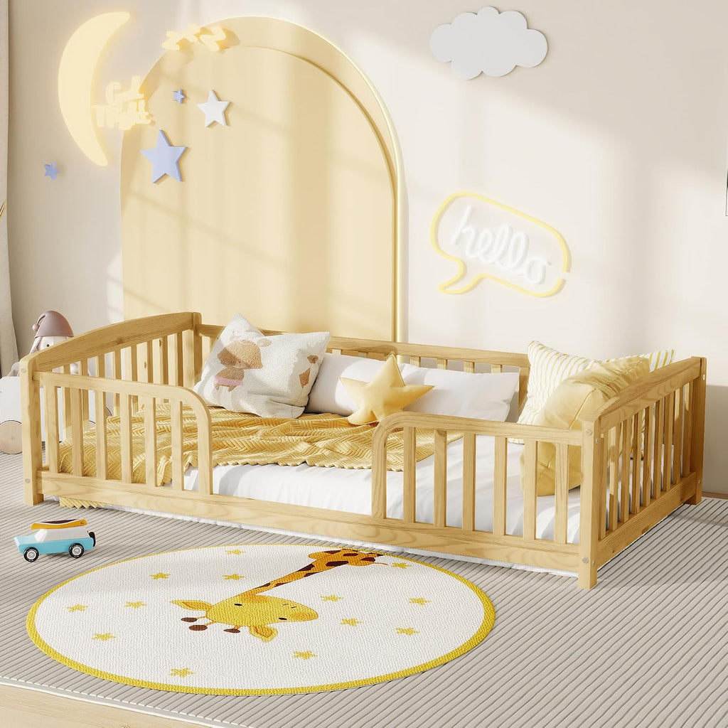 Twin Floor Bed with Rails, Pine Wood Montessori Bed with Central Entrance & Round Corner Design, Montessori Floor