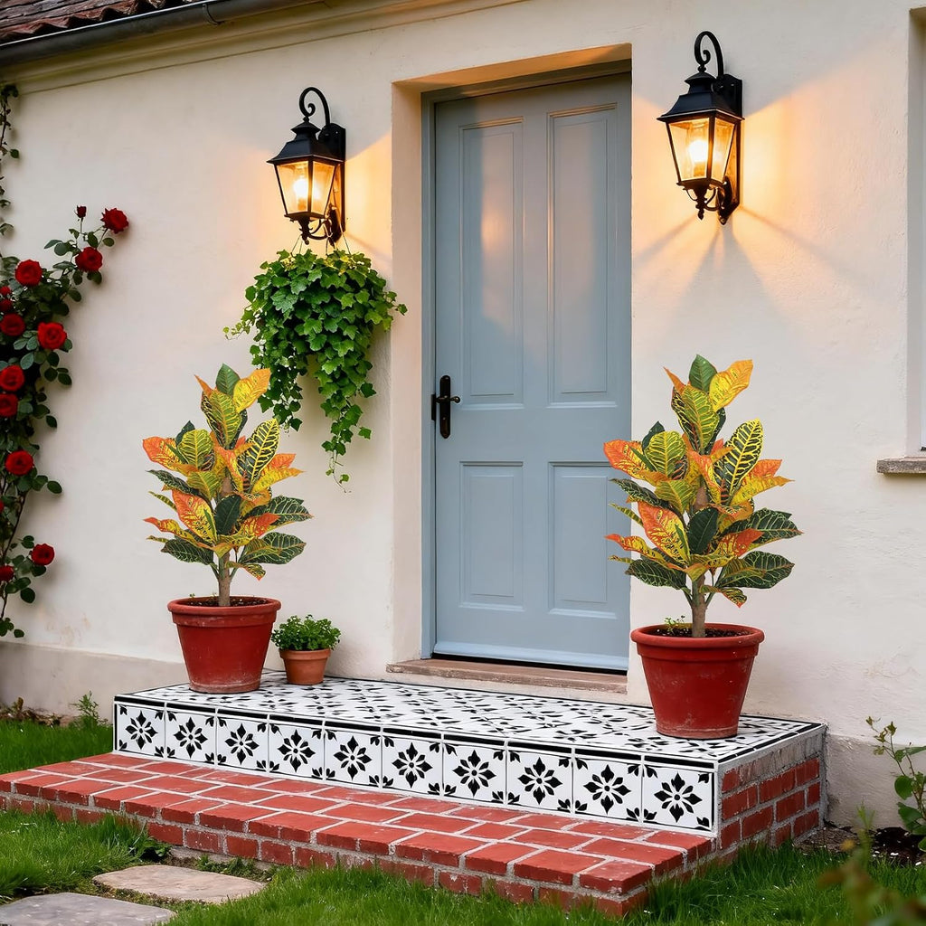 UV-Resistance 35inch Artificial Croton Plant, 2 Pack Fake Croton with Ground Spike, Faux Fiddle Leaf Fig Tree Home - Set of 2